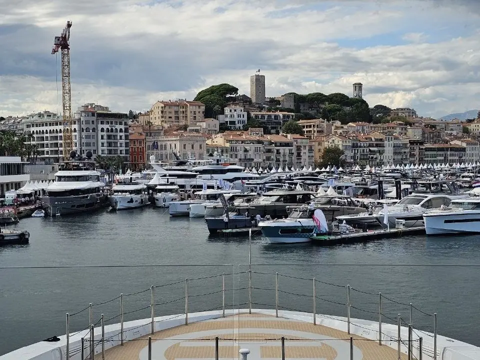 Cannes harbour during the Cannes Yachting Festival, seen from a yacht's bow