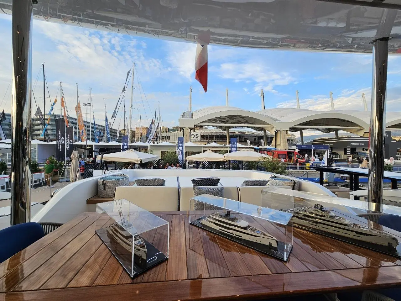 Yacht models on display aboard a yacht at the Salone Nautico di Genova
