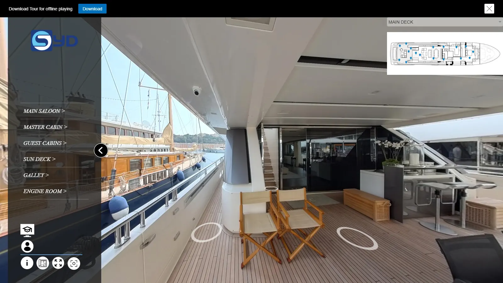 Demo 360° tour of a superyacht, main deck aft with the deck plan and room menu
